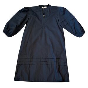 Maude Vivante Thea black cotton poplin v-neck 3/4 puff sleeve mini dress